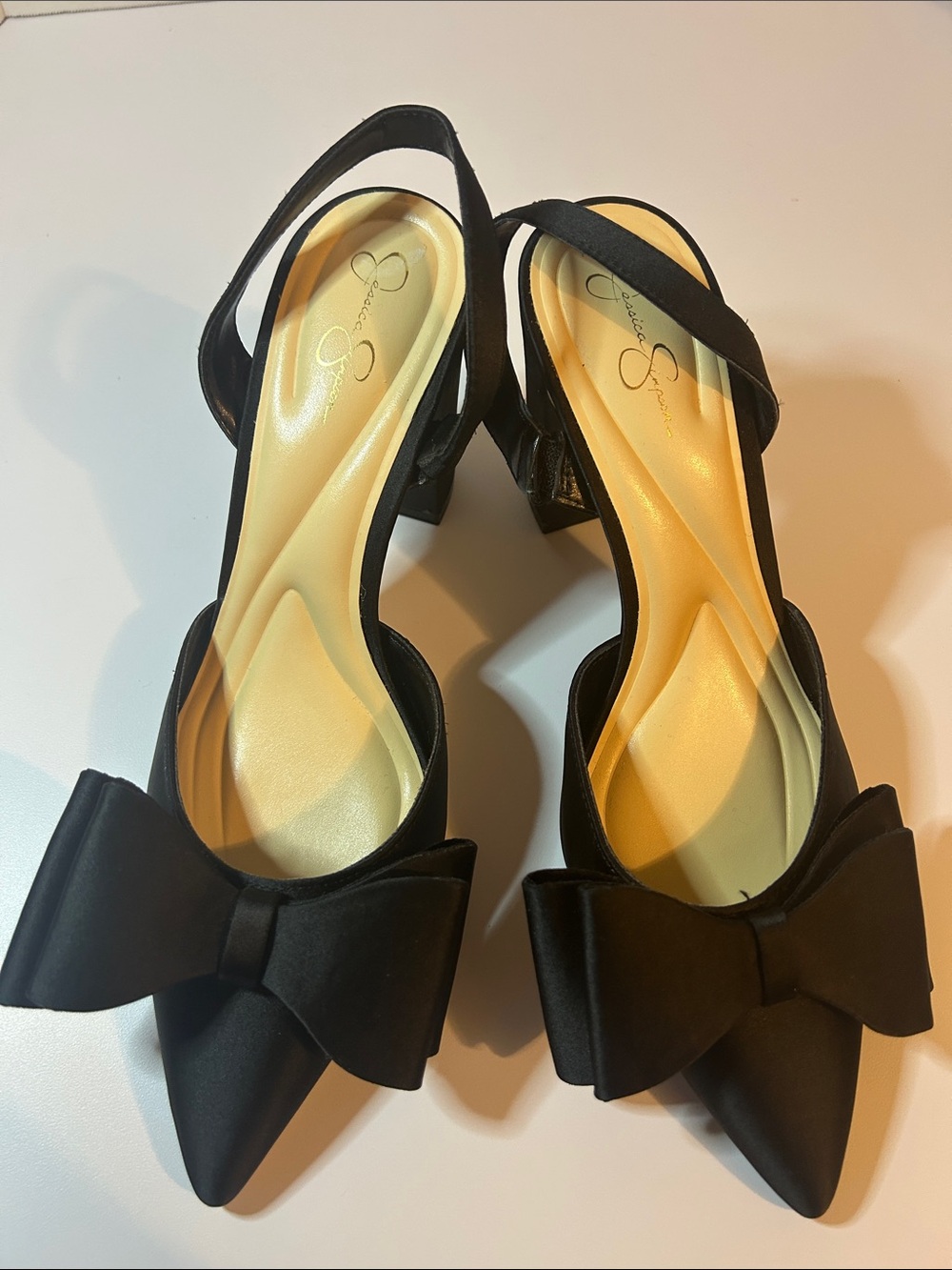 Jessica Simpson Black Satin Pointed Slingback Mules with Bow Accent